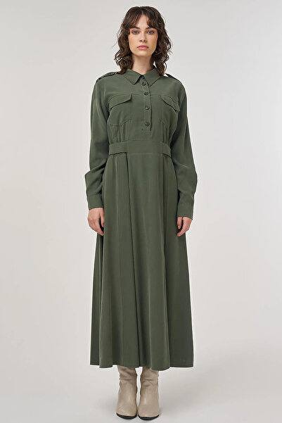 Kayra Pocket Detailed Rayon Dress Forest Green