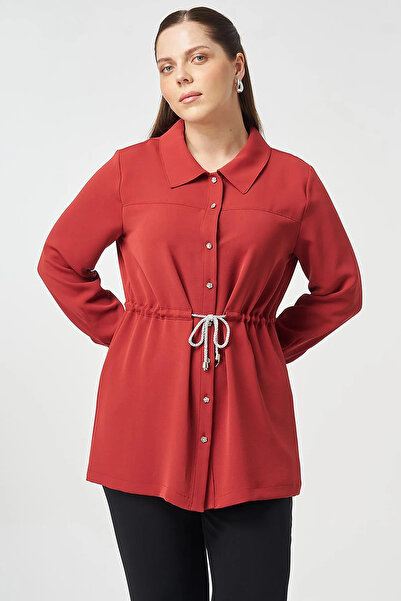 Kayra Lace-Up Shirt Collar Tunic Tile Red