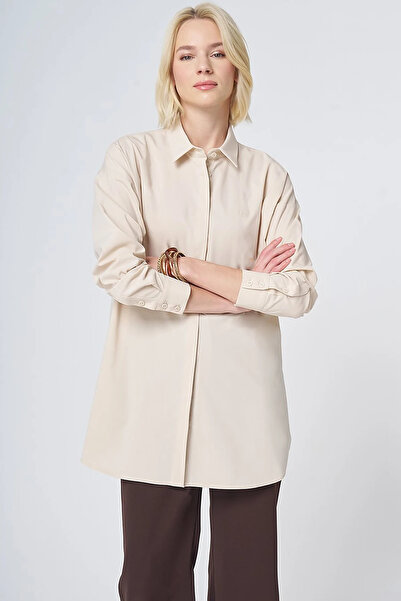 Kayra Gömlek Yaka Basic Poplin Tunik Krem