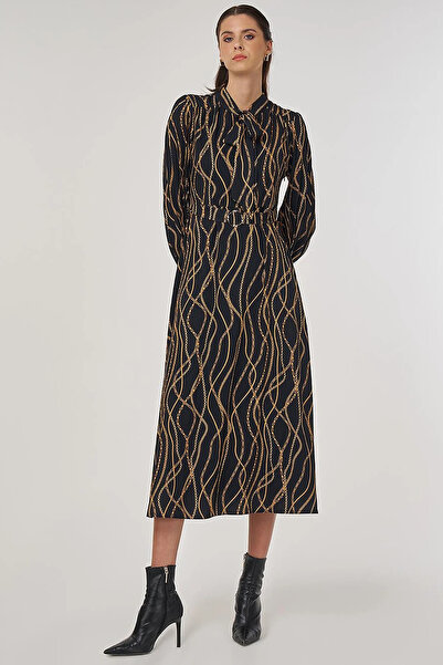Kayra Chain Pattern Stylish Dress Black