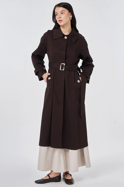 Kayra Şömizye Collar Belted Trench Coat Dark Brown