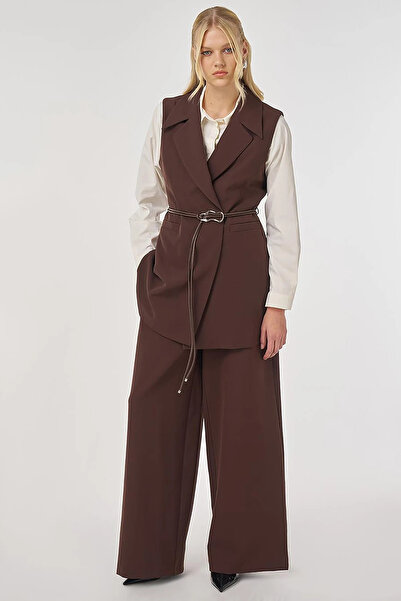 Kayra Leather Rope Belt Detailed Y Vest Set Set Dark Brown