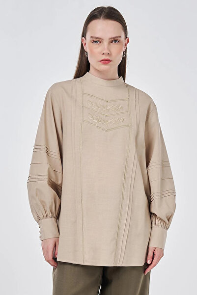 Kayra Ribbed Stitched Cotton Linen Blouse Ecru