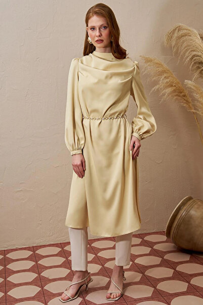 Kayra Chain Belt Detailed Satin Tunic Light Yellow