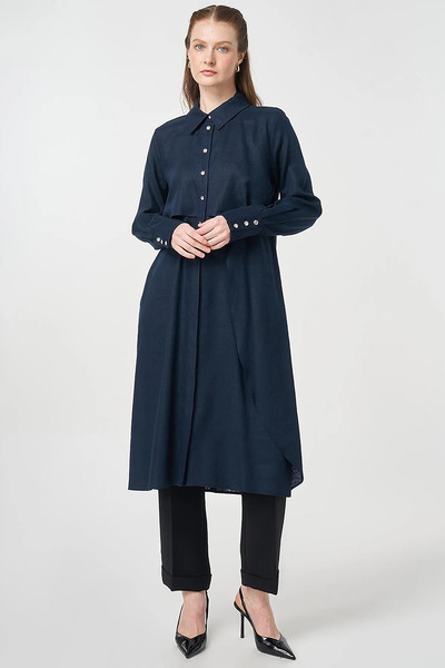 Kayra Asymmetrical Cut Linen Lyocell Tunic Dark Navy Blue