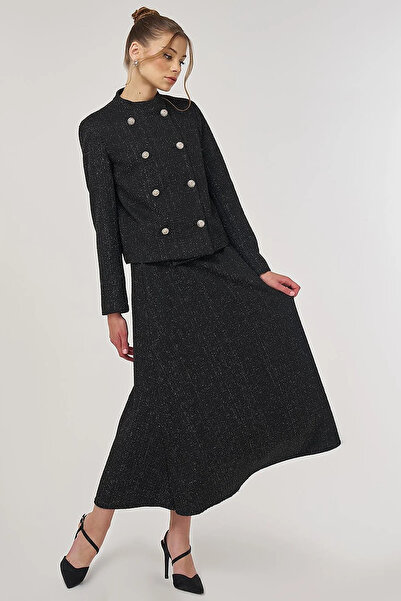 Kayra Button Detailed Skirt Suit Black