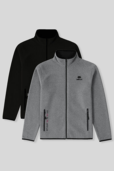 TOMMY LIFE Standard Fit Stand Collar 2-Pack Black-Grey Melange Men's Fleece S...