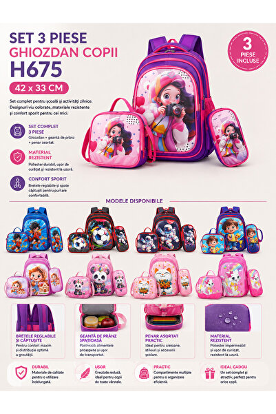 By Rozane Set 3 piese ghiozdan copii H675 – 42x33 cm, imprimeuri viu colorate...