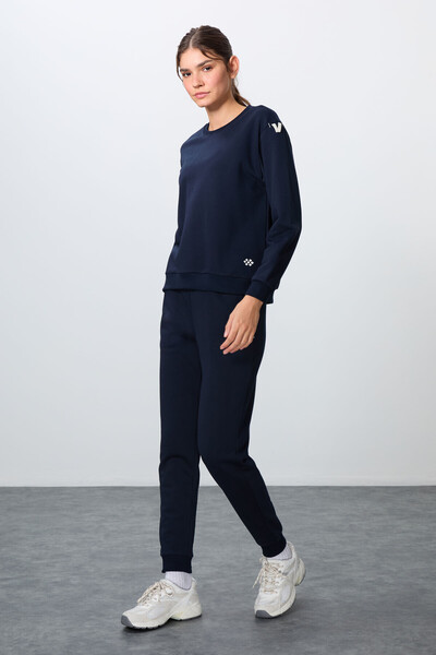 TOMMY LIFE İndigo Compact Cotton Thick Smooth Textured O Neck O Oversized Fit...