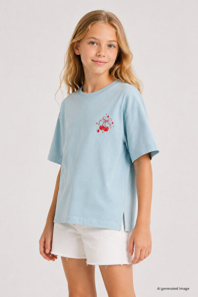 TOMMY LIFE Tricou pentru fete, albastru deschis, supradimensionat, cu mânecă ...