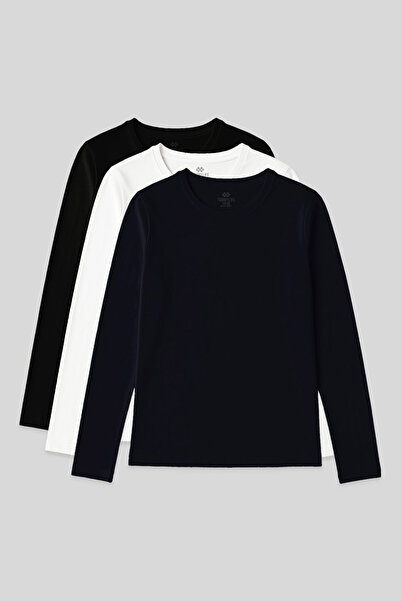 TOMMY LIFE Standard Fit Basic O Neck 3 Pack Black-White-Navy Blue Women's T-S...