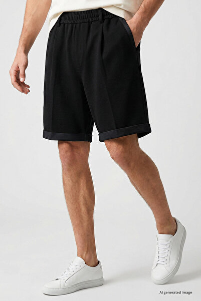 TOMMY LIFE Чорні шорти Oversize Fit Basic з ременем для чоловіків - 81285