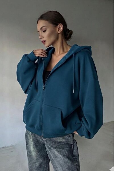 CAST COLLECTİON Women's Petrol Blue Zippered Hooded Cardigan Jacket