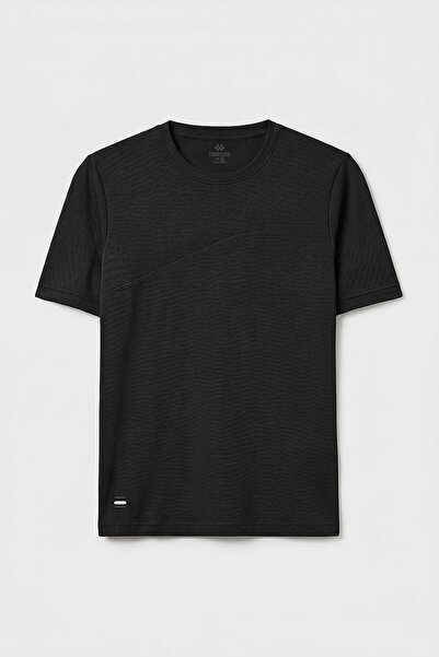 TOMMY LIFE Black Comfortable Textured Surface Men's T-Shirt with Front Stitch...