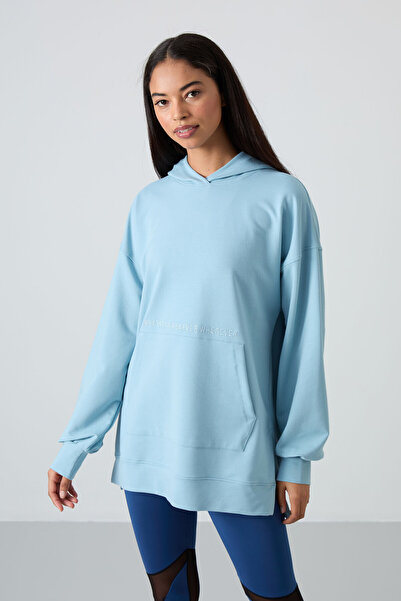 TOMMY LIFE Açık Mavi Balon Kol Yazı Nakışlı Kadın Oversize Tunik Sweatshirt -...