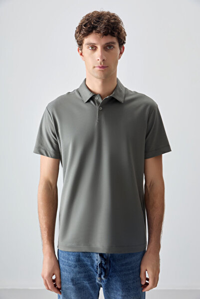 AIR JONES Haki Pamuklu Kalın Yumuşak Dokulu Polo Yaka Oversize Fit Basic Erke...