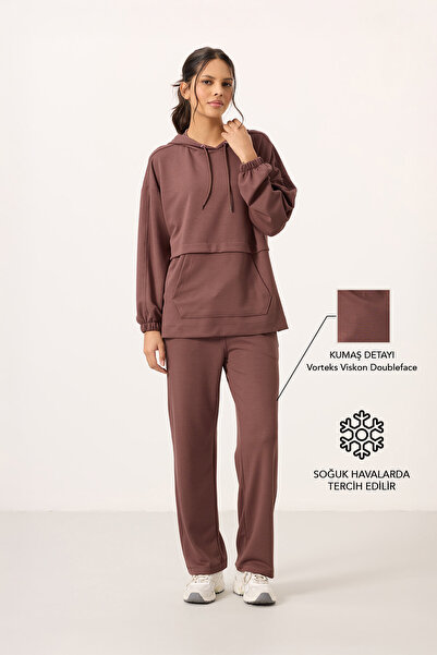 TOMMY LIFE Brown Soft Textured Hooded Oversize Women's Tracksuit Tunic Set - ...