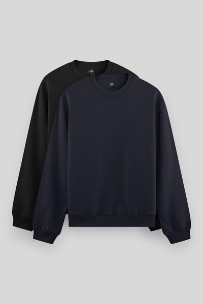 TOMMY LIFE Rahat Form Basic O Yaka 2li Paket Siyah-Lacivert Erkek Sweatshirt ...