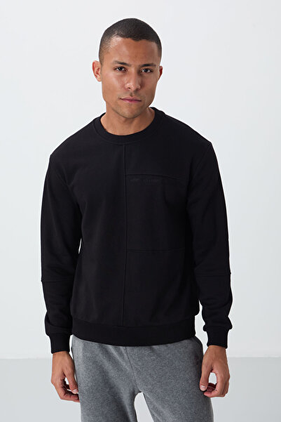 TOMMY LIFE Black Compact Cotton Thick Smooth Textured O Neck Standard Fit Men...