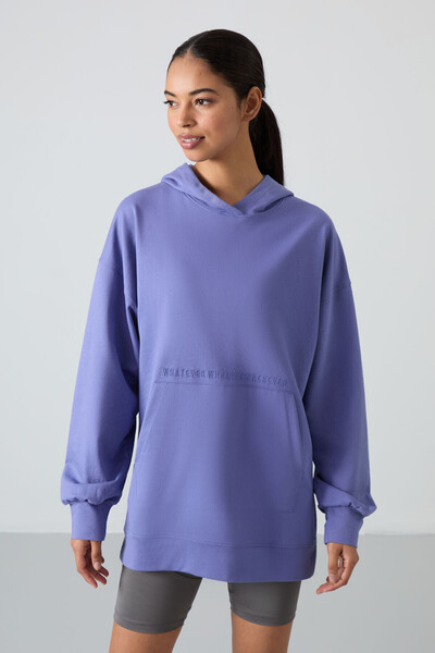 TOMMY LIFE Eflatun Balon Kol Yazı Nakışlı Kadın Rahat Form Tunik Sweatshirt -...