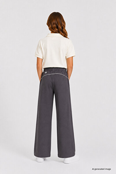 TOMMY LIFE Koyu Gri Biye Detaylı Basic Palazzo Kız Çocuk Eşofman Alt - 75195