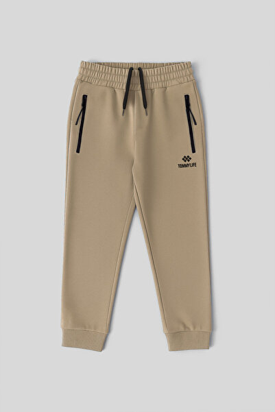 TOMMY LIFE Dark Beige Zippered Standard Fit Slim Boys' Tracksuit Bottom - 64042