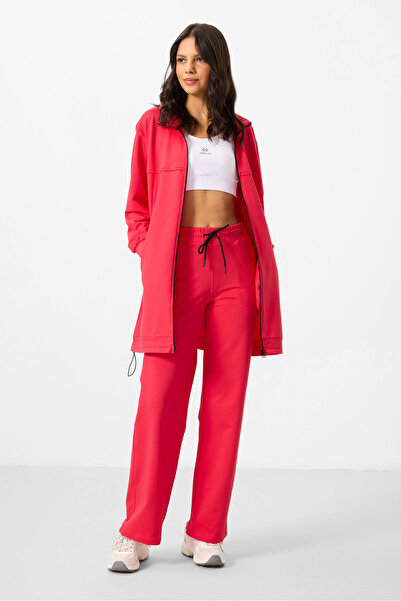 TOMMY LIFE Viva Red Stand Collar Zippered Cotton Women's Tracksuit Tunic Set ...