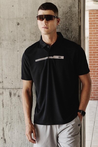 TOMMY LIFE Black Breathable Textured Slim Flexible Standard Fit Polo Neck Men...