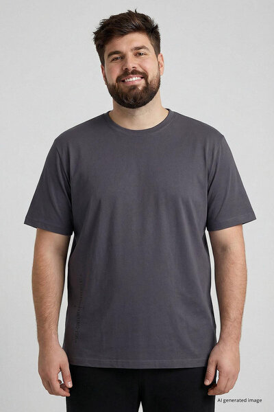TOMMY LIFE Anthracite Printed O-Neck Comfortable Fit Oversized Plus Size Men'...