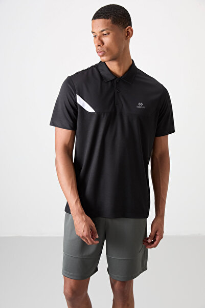 TOMMY LIFE Black Breathable Textured Slim Flexible Standard Fit Polo Neck Men...