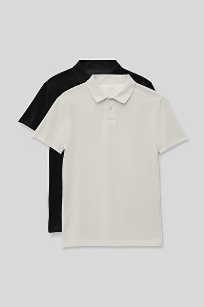 TOMMY LIFE Standard Fit Basic Polo Collar 2-Pack Black-Ecru Unisex Kids T-Shi...