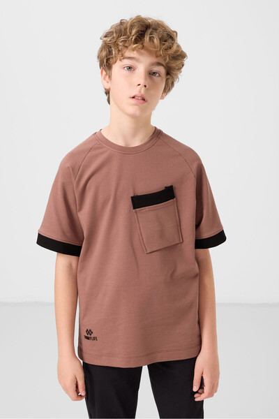 TOMMY LIFE Cinnamon Cotton Soft Textured Oversize Pocket Detailed Boy's T-Shi...