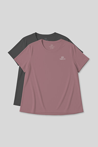TOMMY LIFE Rahat Form 2-Pack Dark Gray-Dry Rose Plus Size Women's T-Shirt-97308