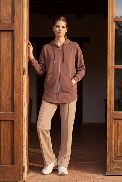 TOMMY LIFE Brown Soft Textured Hooded Oversize Women's Tunic Sweatshirt - 97302