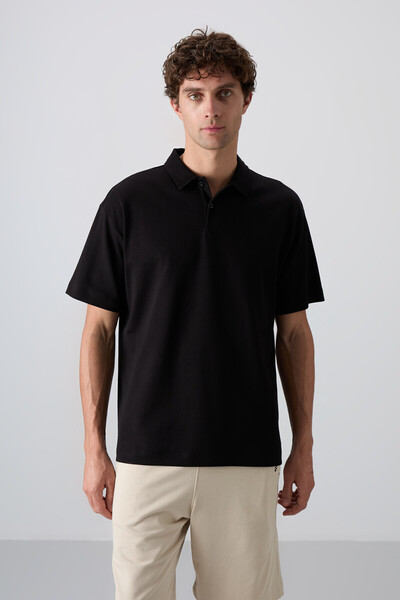 TOMMY LIFE Black Cotton Thick Soft Textured Oversize Fit Basic Polo Collar Me...