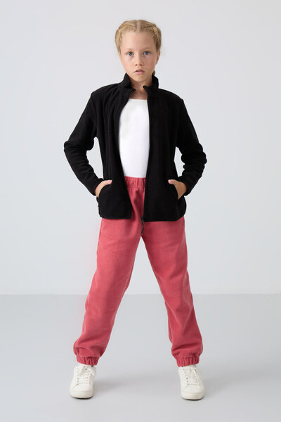 TOMMY LIFE Black thick soft textured standard fit embroidered fleece girl's s...