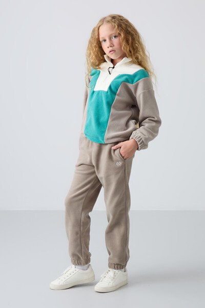TOMMY LIFE Dark Beige Thick Soft Textured Standard Fit Embroidered Fleece Gir...