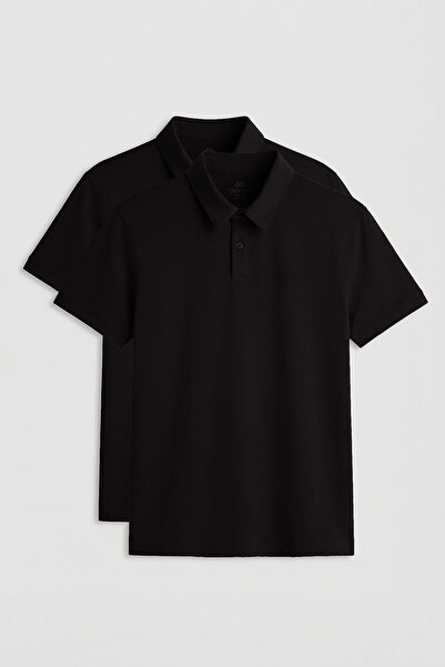 TOMMY LIFE Standard Fit Basic Polo Collar 2-Pack Black Men's T-Shirt - 87768