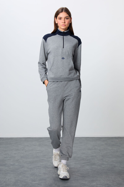 TOMMY LIFE Gray Melange Compact Cotton Thick Smooth Textured Stand Collar Ove...