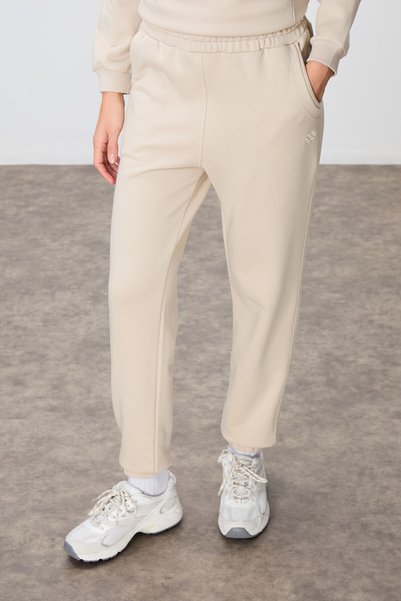 TOMMY LIFE Trening de damă din bumbac compact, bej, cu textură groasă și netedă, cu guler ridicat, croială standard - 95342