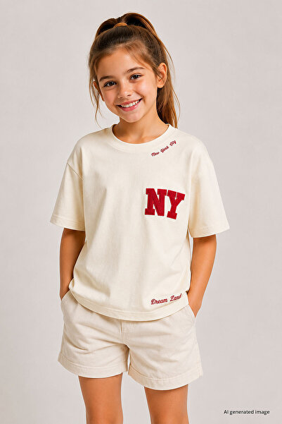 TOMMY LIFE Ecru Oversize Short Sleeve Printed Girls' T-Shirt - 75174