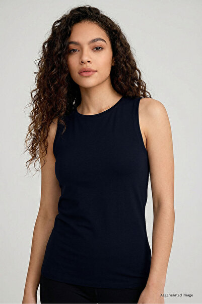 TOMMY LIFE Navy Blue Slim Fit Basic O-Neck Zero Sleeve Women's Undershirt - 9...