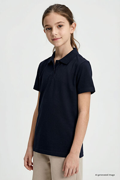 TOMMY LIFE Navy Blue Polo Collar Standard Fit Basic Unisex Kids T-Shirt - 11330