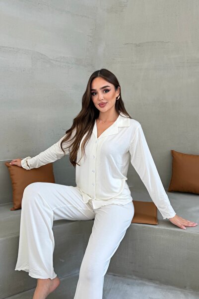 MJAMASS Ecru Modal Front Buttoned Pajama Set
