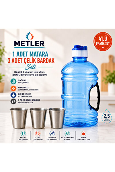 Metler Kulplu 2,5 Lt Mavi Damacana Matara + 3’lü Paslanmaz Çelik Bardak Seti ...