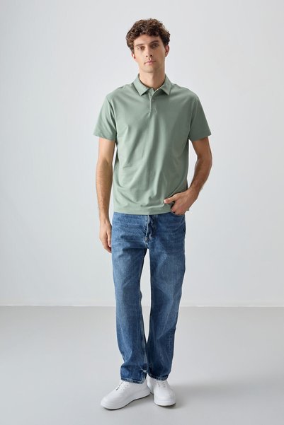 AIR JONES Light Green Cotton Thick Soft Textured Polo Collar Oversize Fit Basic Men's T-Shirt - 88381