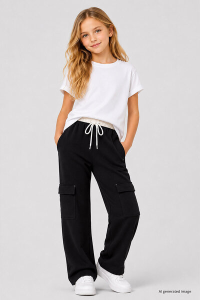 TOMMY LIFE Black Double Belted Cargo Pocket Palazzo Girls' Sweatpants - 75198