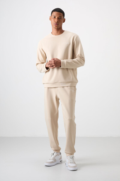 AIR JONES Beige Cotton Thick Soft Textured Comfort Fit Embroidered Men's Trac...