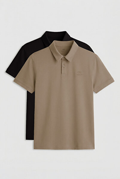 TOMMY LIFE Standard Fit Basic Polo Collar 2-Pack Black-Dark Beige Men's T-Shi...