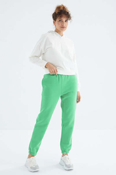 TOMMY LIFE Water Green High Waist Raised 3 Thread Cotton Basic Women's Sweatp...